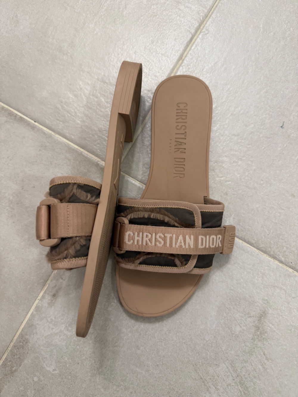 Dior Taupe and Dark Brown Webbing Slide Sandals - Picture 3 of 4